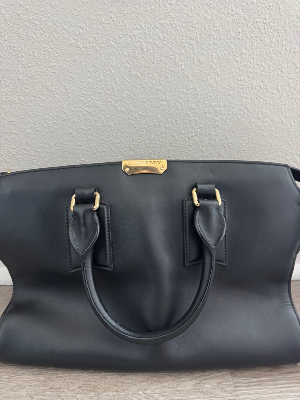 Burberry Black Leather Satchel with Gold-Tone Plaque